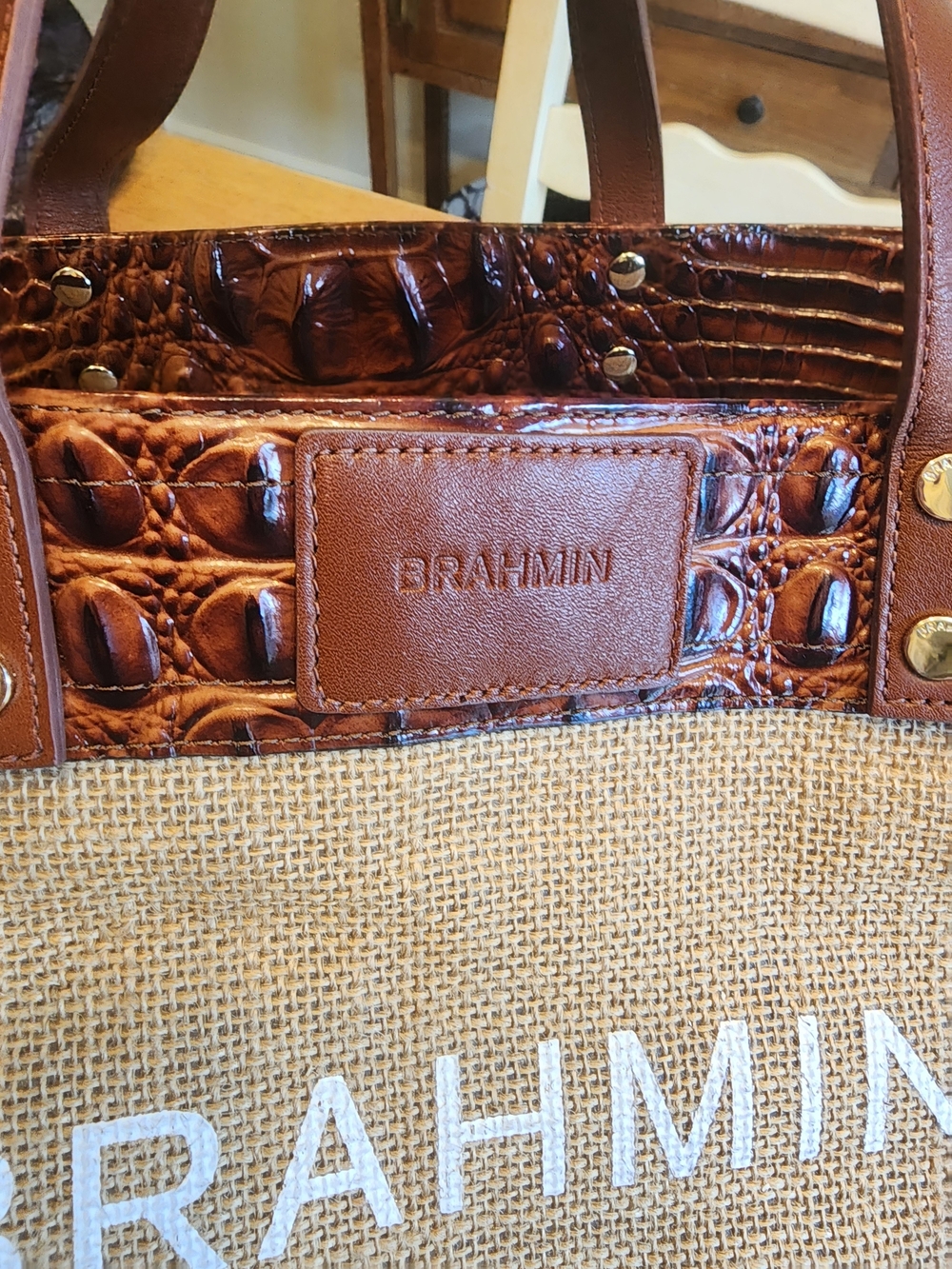 Brahmin Meredith tote bag featuring burlap construction  croc-embossed leather - Picture 15 of 16
